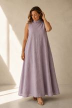 Lavender linen shift maxi dress, full front view, relaxed shift silhouette, maxi length