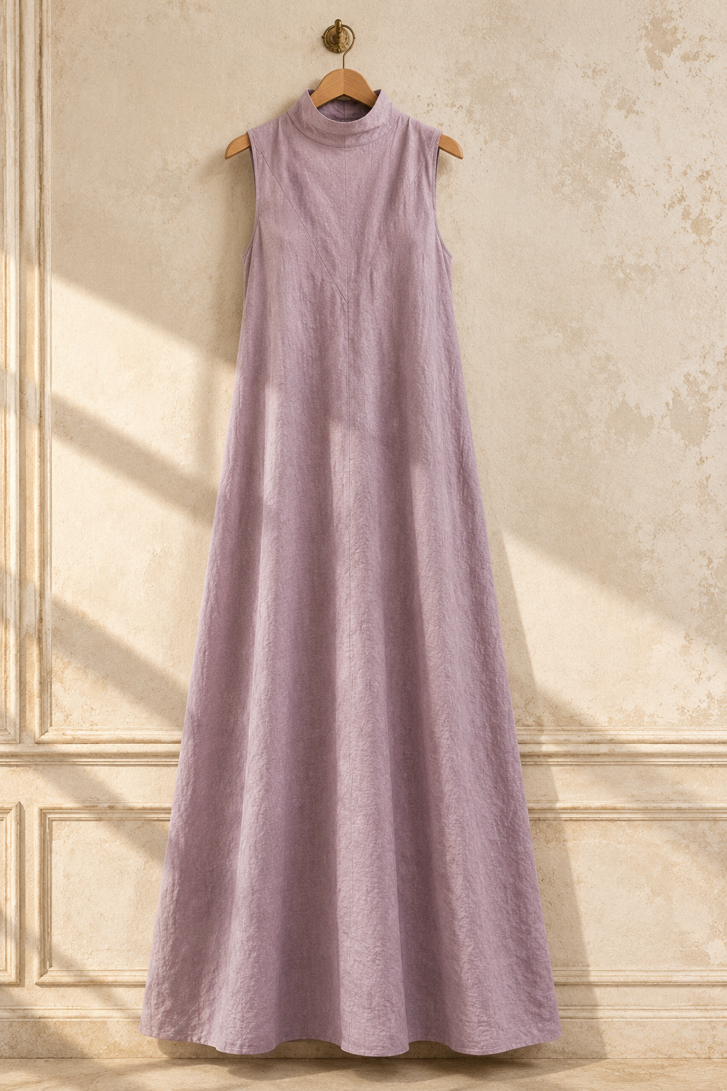 Lavender linen shift maxi dress, hanging on wooden hanger against plaster wall
