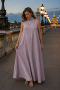Lavender linen shift maxi dress, front view, high neckline, sleeveless cut