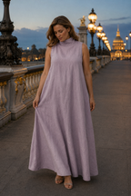 Lavender linen shift maxi dress, front view, high neckline, sleeveless cut