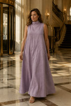 Lavender linen shift maxi dress, lifestyle, architectural setting, soft light