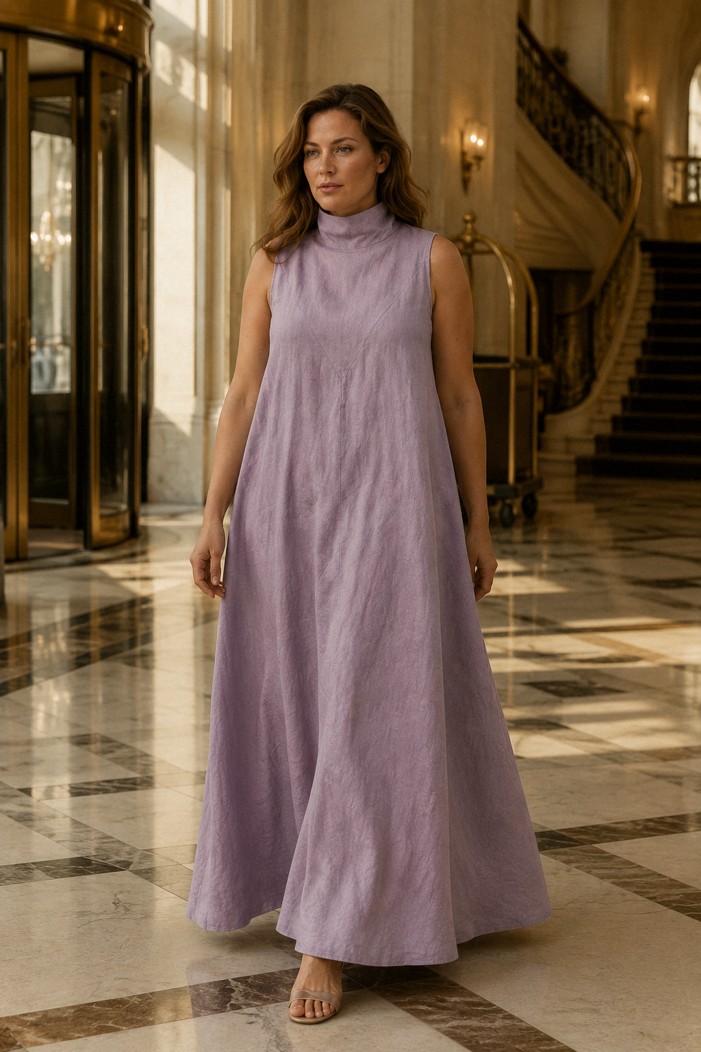 Lavender linen shift maxi dress, lifestyle, architectural setting, soft light