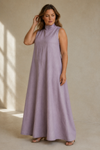 Lavender linen shift maxi dress, three-quarter view, flowing fabric drape, high neck