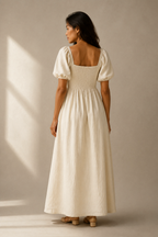 Ivory linen a-line maxi dress, back view, a-line silhouette, natural linen texture