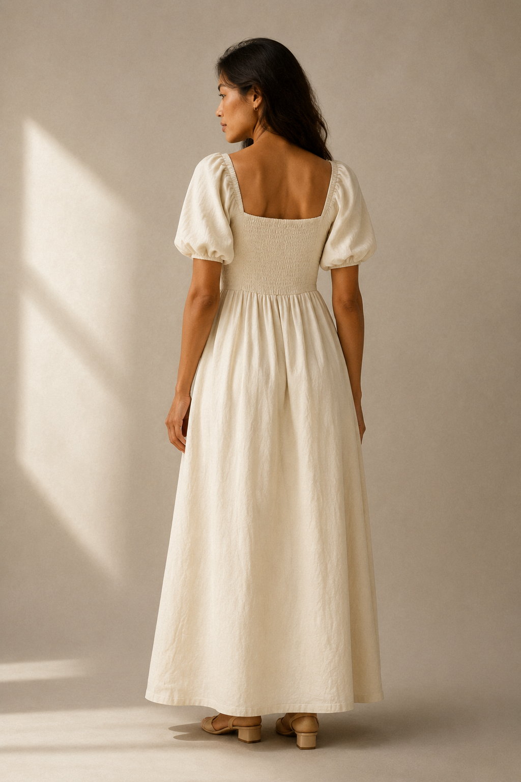 Ivory linen a-line maxi dress, back view, a-line silhouette, natural linen texture
