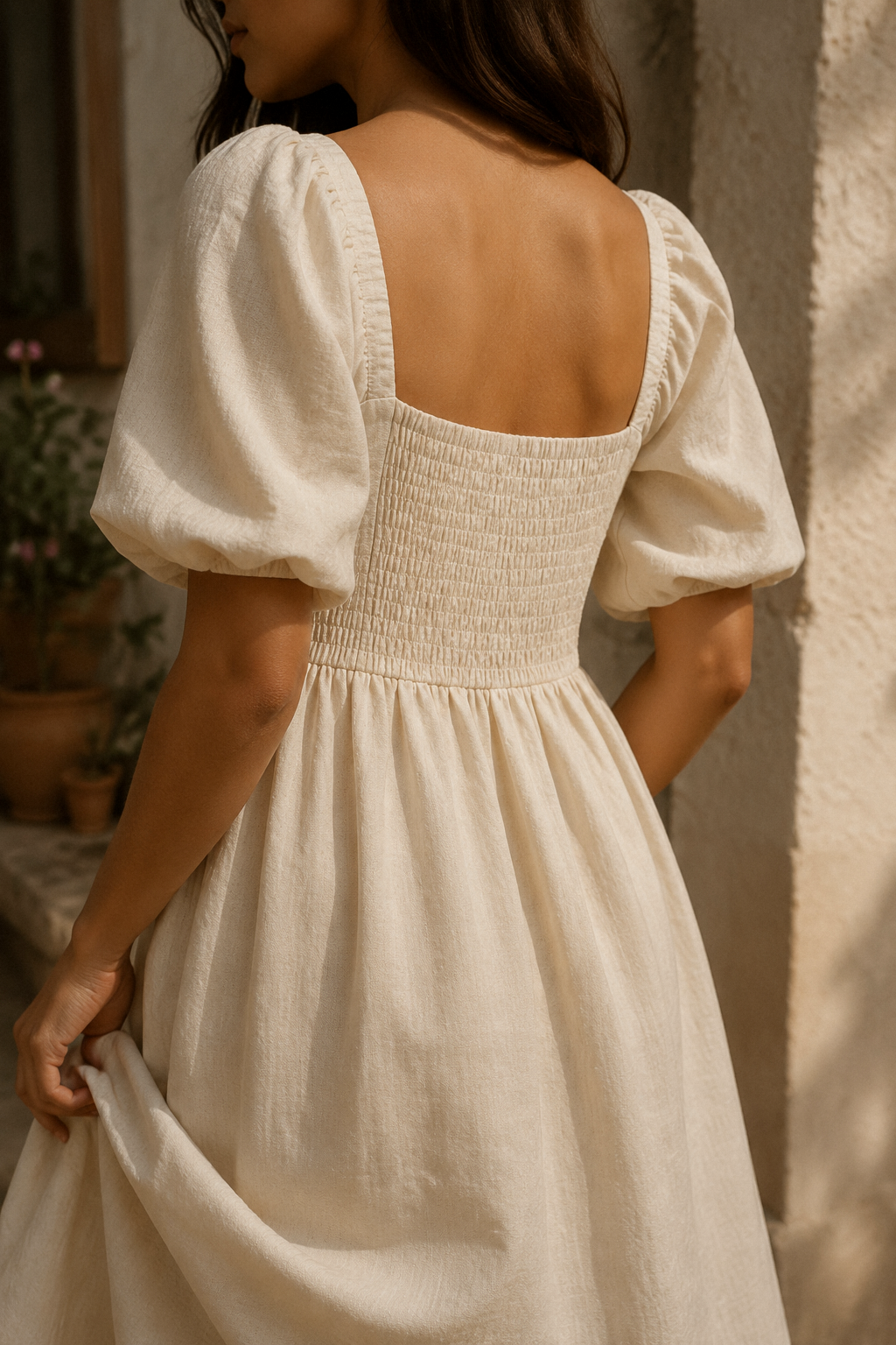 Ivory linen a-line maxi dress, fabric detail, flax weave in raking light