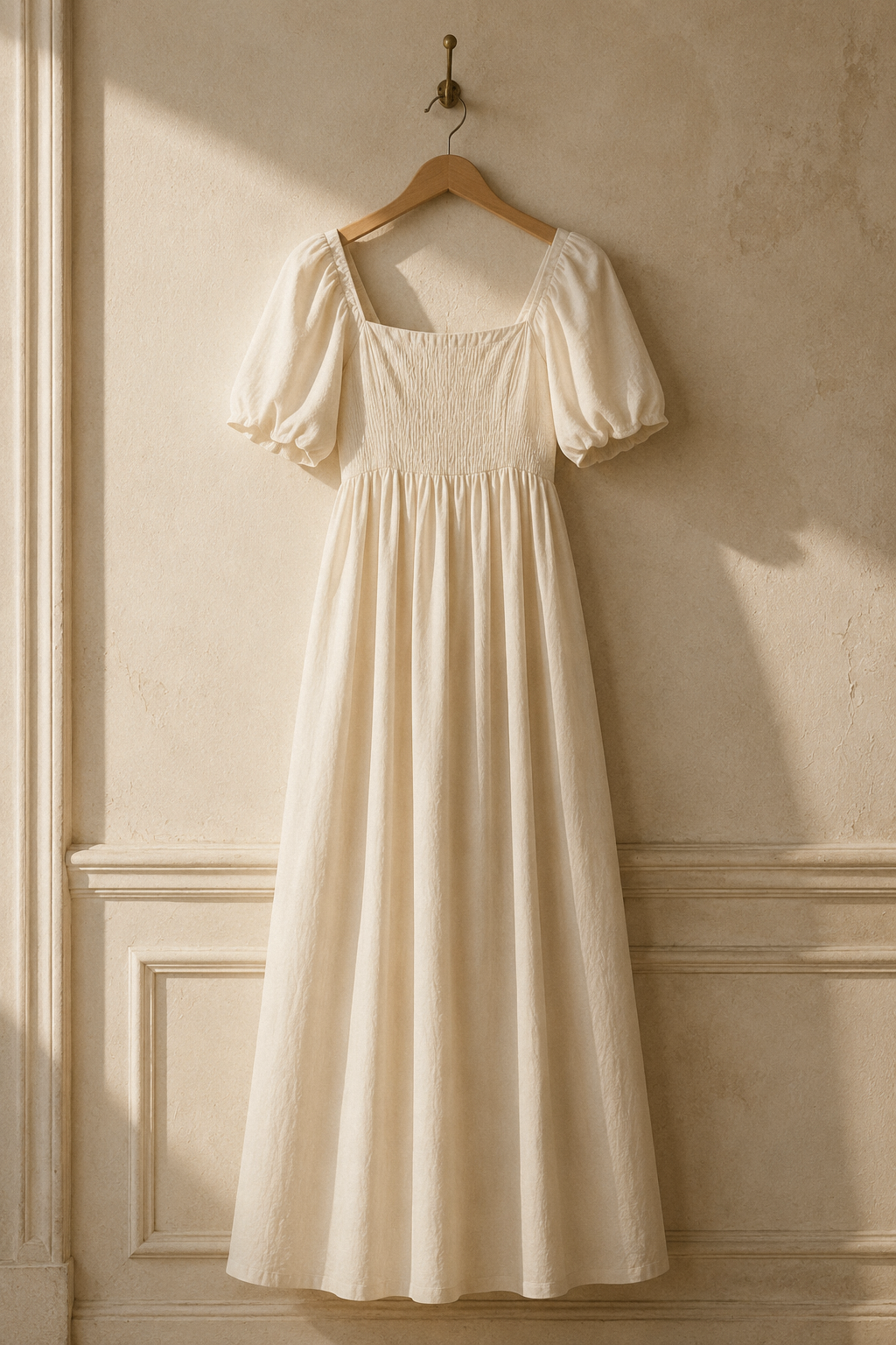 Ivory linen a-line maxi dress, hanging on wooden hanger against plaster wall
