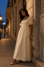 Ivory linen a-line maxi dress, front view, square neckline, puff sleeves, gathered waist