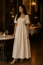 Ivory linen a-line maxi dress, lifestyle, quiet afternoon, soft light, gentle drape