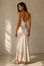 Champagne silk slip maxi dress, back view, simple back and slim straps