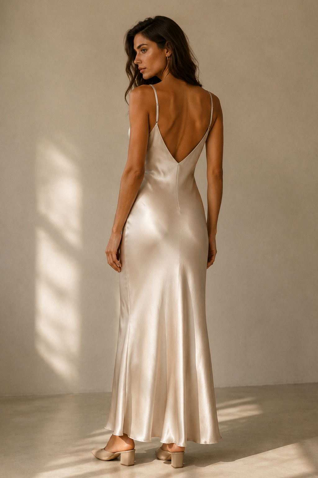 Champagne silk slip maxi dress, back view, simple back and slim straps