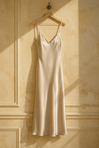 Champagne silk slip maxi dress, hanging on wooden hanger against plaster wall