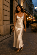 Champagne silk slip maxi dress, lifestyle, evening light and relaxed ease