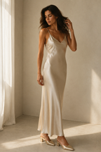 Champagne silk slip maxi dress, three-quarter view, bias cut and soft sheen