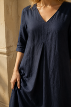 Navy blue linen a-line maxi dress, fabric detail, flax weave in raking light
