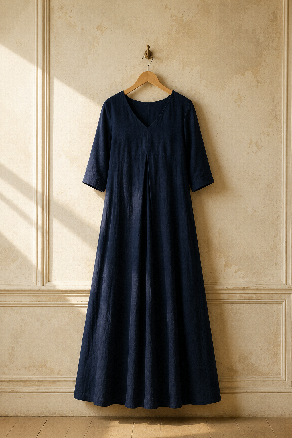Navy blue linen a-line maxi dress, hanging on wooden hanger against plaster wall