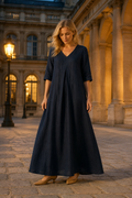 Navy blue linen a-line maxi dress, front view, V neckline and relaxed maxi silhouette