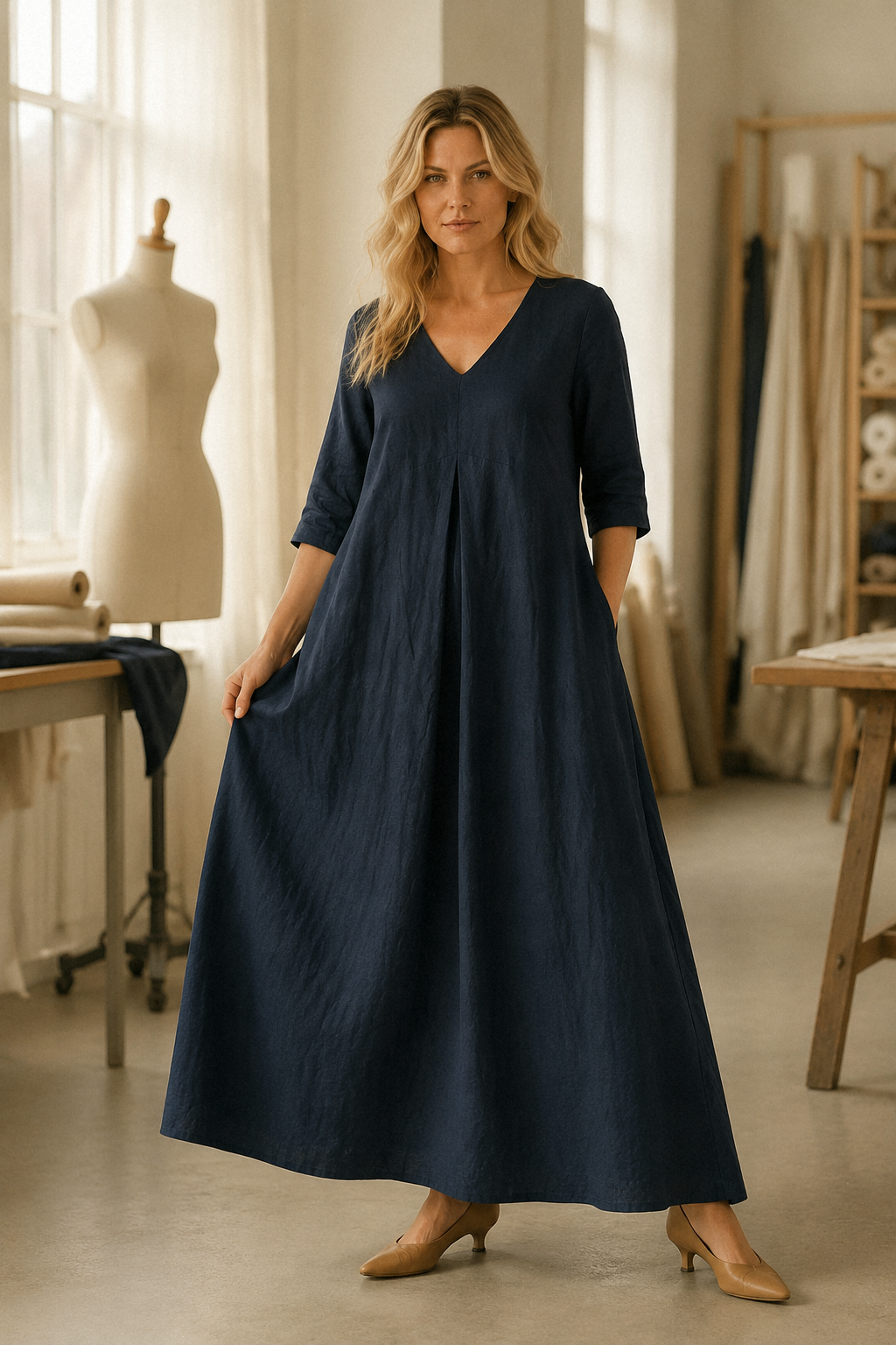 Navy blue linen a-line maxi dress, lifestyle, quiet moment in soft light