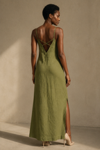 Olive green linen slip maxi dress, back view, straight back, adjustable straps