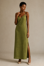 Olive green linen slip maxi dress, full front view, flowing slip dress, V-neck, side slit