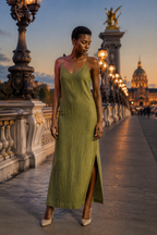 Olive green linen slip maxi dress, front view, v-neckline, spaghetti straps, side slit
