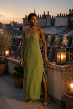Olive green linen slip maxi dress, lifestyle, sunlit afternoon, relaxed outdoor setting