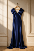 Navy blue silk column maxi dress, hanging on wooden hanger against plaster wall