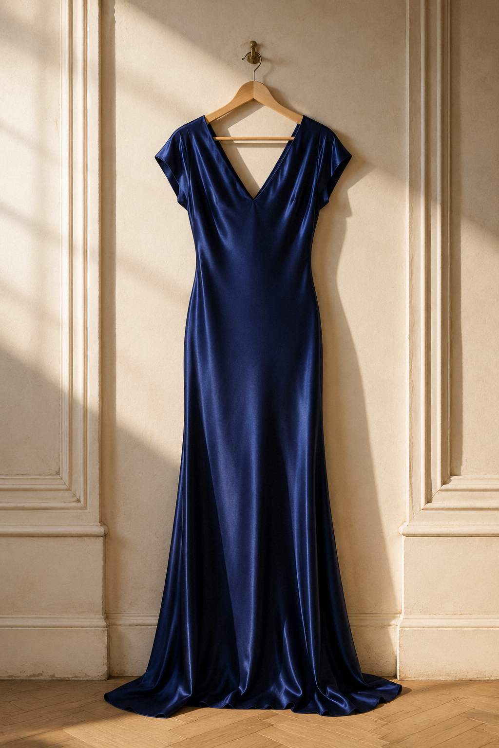 Navy blue silk column maxi dress, hanging on wooden hanger against plaster wall