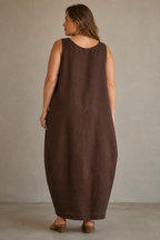 Dark brown linen shift maxi dress, back view, simple back and smooth drape