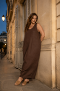 Dark brown linen shift maxi dress, front view, scoop neckline and relaxed maxi silhouette