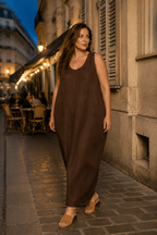 Dark brown linen shift maxi dress, lifestyle, quiet confidence in natural light