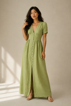 Light green linen a-line maxi dress, full front view, a-line skirt and front slit