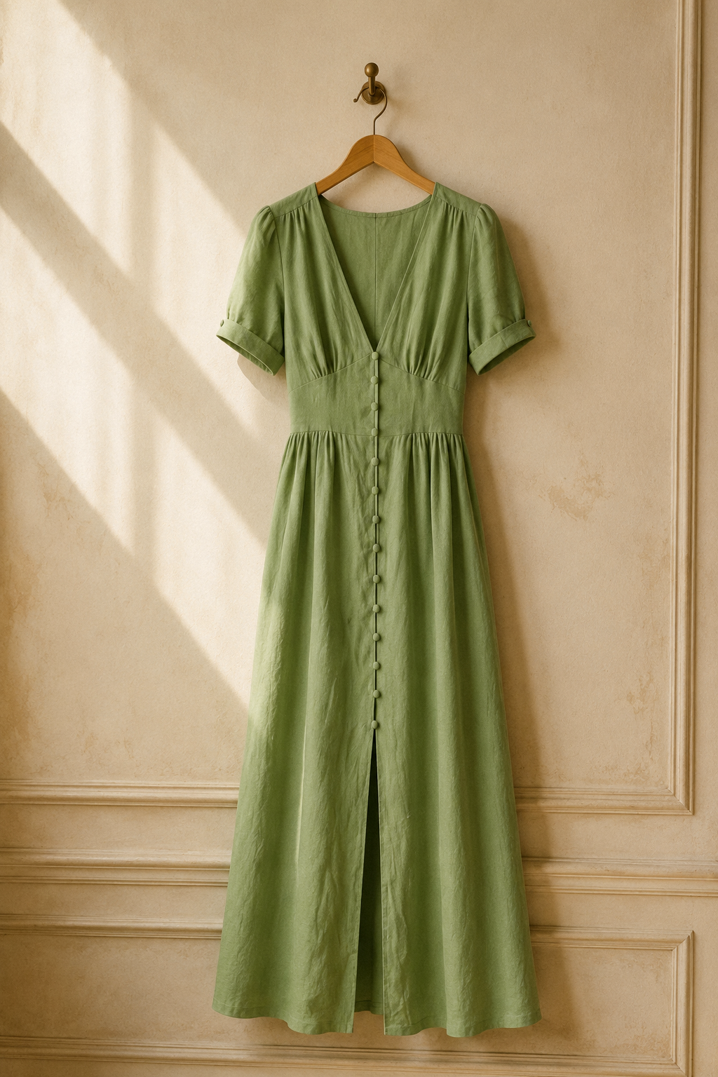Light green linen a-line maxi dress, hanging on wooden hanger against plaster wall
