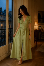 Light green linen a-line maxi dress, front view, V neckline and button front