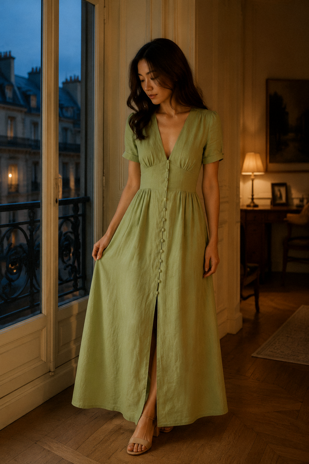 Light green linen a-line maxi dress, front view, V neckline and button front