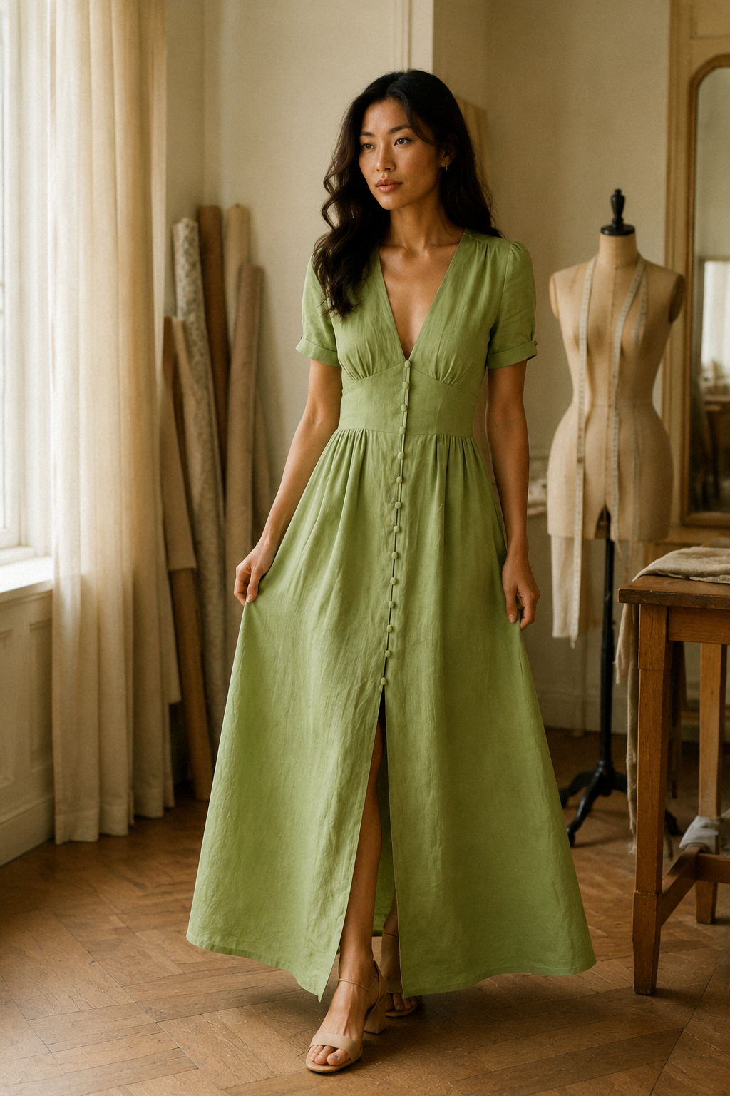 Light green linen a-line maxi dress, lifestyle, sunlit room and quiet moments