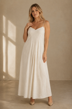 Ivory linen slip maxi dress, full front view, flowing maxi skirt