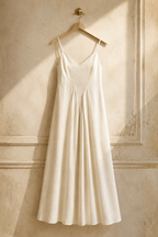 Ivory linen slip maxi dress, hanging on wooden hanger against plaster wall