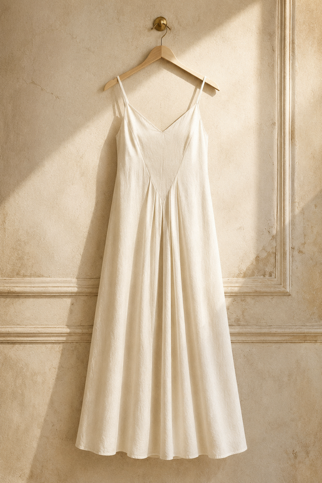 Ivory linen slip maxi dress, hanging on wooden hanger against plaster wall
