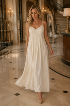 Ivory linen slip maxi dress, lifestyle, afternoon stroll in the city