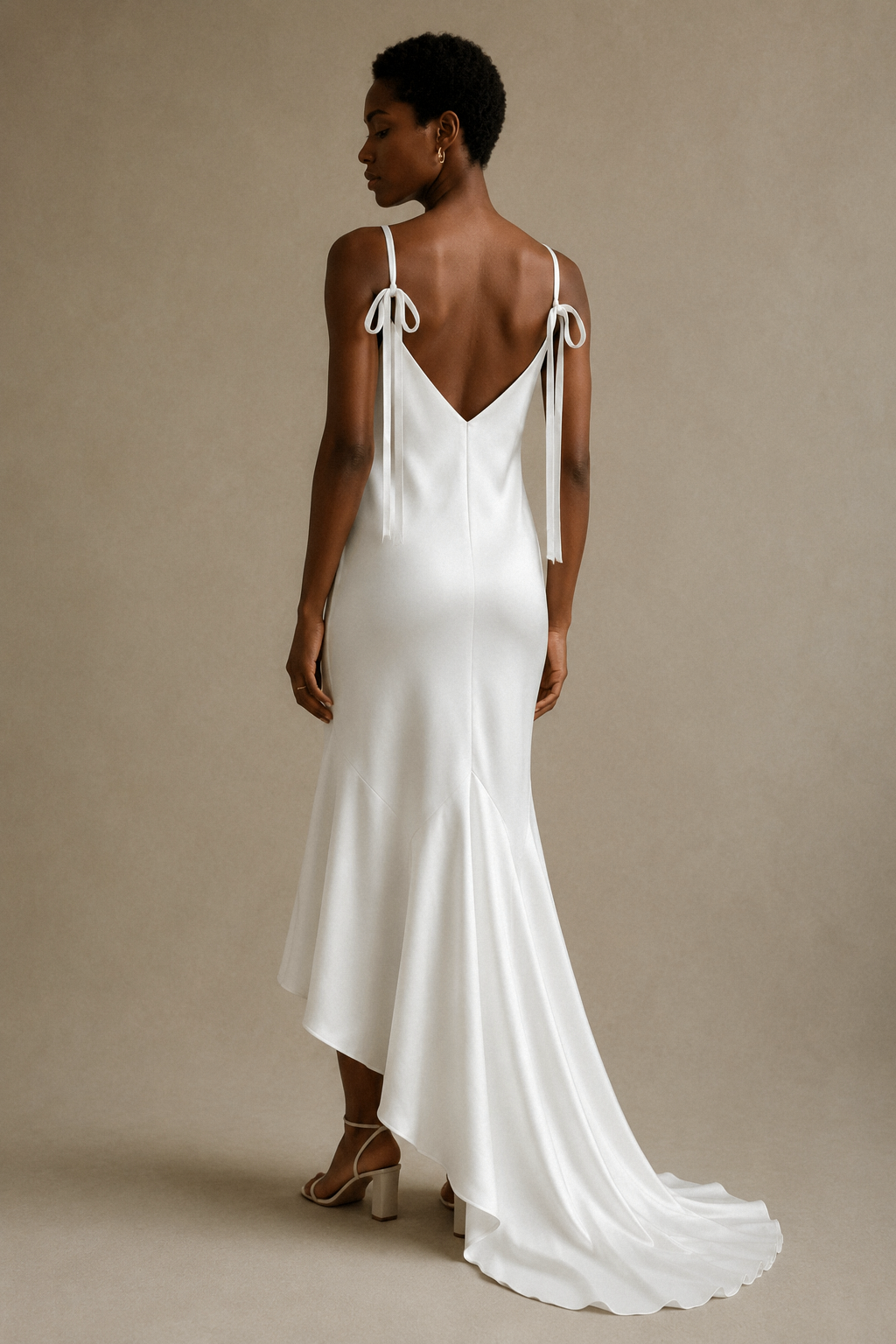 White silk slip maxi dress, back view, clean back and flowing silhouette