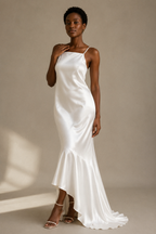 White silk slip maxi dress, full front view, maxi length and side slits