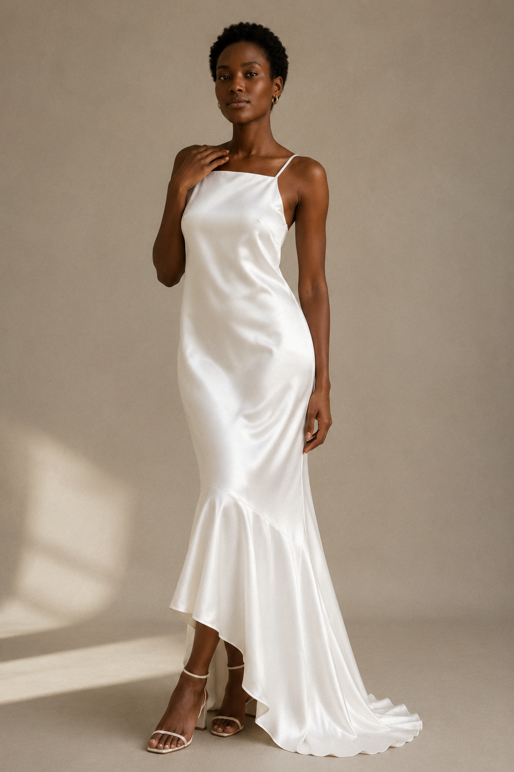 White silk slip maxi dress, full front view, maxi length and side slits