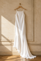 White silk slip maxi dress, hanging on wooden hanger against plaster wall