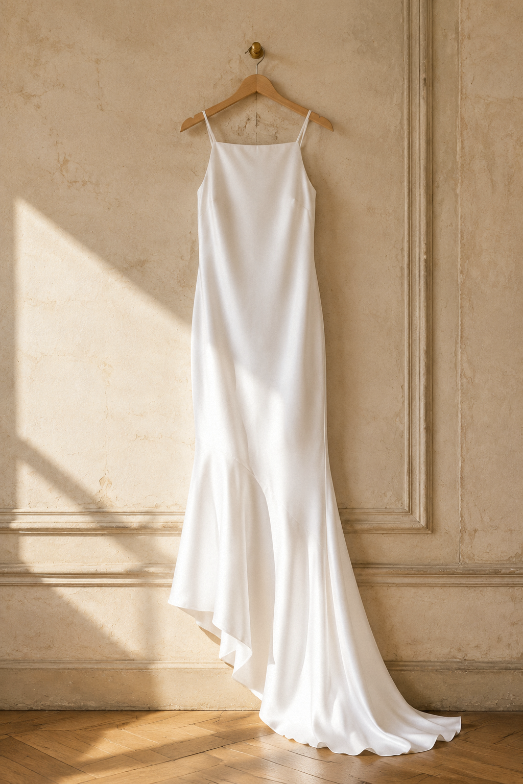 White silk slip maxi dress, hanging on wooden hanger against plaster wall