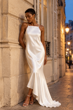 White silk slip maxi dress, front view, straight neckline and flowing skirt