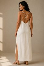 Ivory linen slip maxi dress, back view, simple back and fluid drape