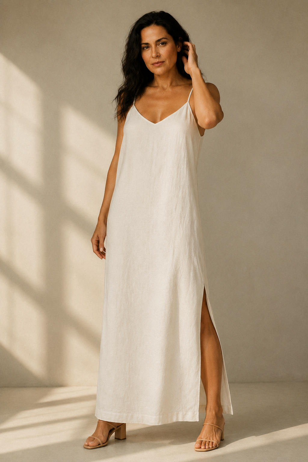 Ivory linen slip maxi dress, full front view, relaxed silhouette and side slit