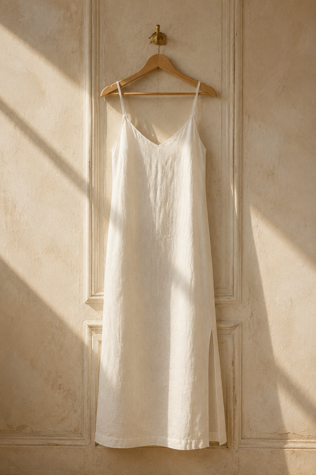 Ivory linen slip maxi dress, hanging on wooden hanger against plaster wall