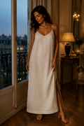 Ivory linen slip maxi dress, front view, spaghetti straps and V neckline